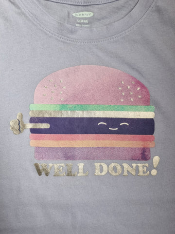 Памучна лилава тениска с къс ръкав с щампа бургер /10-12г