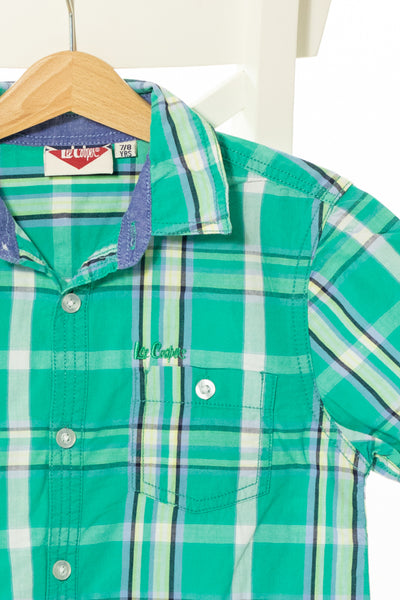 Спортно-елегантна памучна риза с къс ръкав в синьо и зелено каре, LEE COOPER / 7-8г.