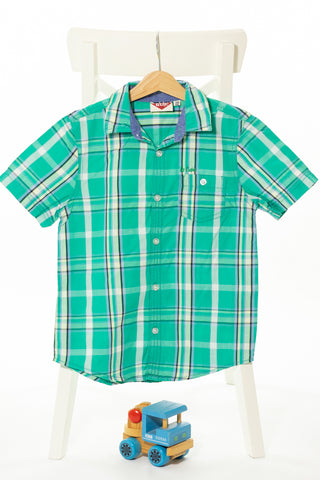 Спортно-елегантна памучна риза с къс ръкав в синьо и зелено каре, LEE COOPER / 7-8г.