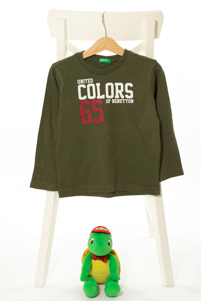 Мека блуза с дълъг ръкав в камуфлажно зелено с надпис, BENETTON/ 3-4г.