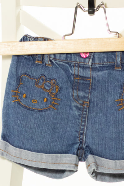 Дънкови къси панталони с бродирани котенца, HELLO KITTY/ 6-9м., 74см.