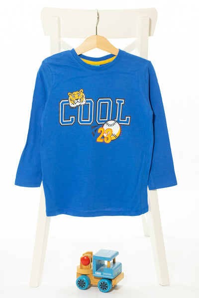 Спортна памучна блуза с дълъг ръкав в морско синьо с надпис и щампа тигър, LITTLE KIDS/ 4-5г., 110см.