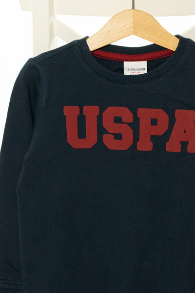 Спортна тъмносиня памучна блуза с дълъг ръкав и надпис в бордо, U.S POLO/ 4-5г., 104-110см.