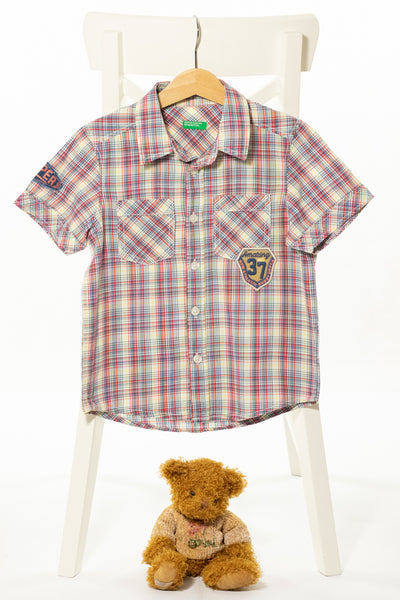 Спорна карирана риза с къс ръкав, джобове и апликации, BENETTON/ 2-3г.