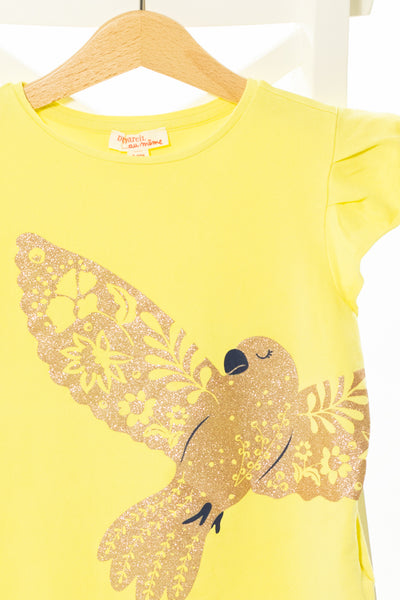 Кокетна тениска в слънчево жълто с апликация златиста прица, DU PAREIL AU MEME/ 6г., 116см.