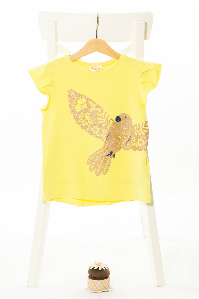 Кокетна тениска в слънчево жълто с апликация златиста прица, DU PAREIL AU MEME/ 6г., 116см.
