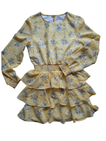 Жълта рокля на цветя с воали и ластик на талията U/152см/12г
