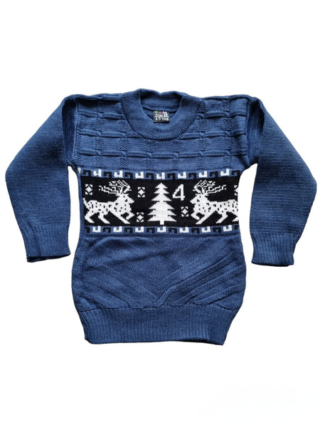 Син плетен пуловер с коледен десен CEM/4-5г