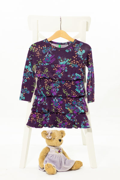 Кокетна рокля на воани с дълъг ръкав в тъмно лилав цвят и цветен десен, BENETTON / 12-18м., 82см.