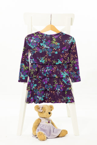 Кокетна рокля на воани с дълъг ръкав в тъмно лилав цвят и цветен десен, BENETTON / 12-18м., 82см.