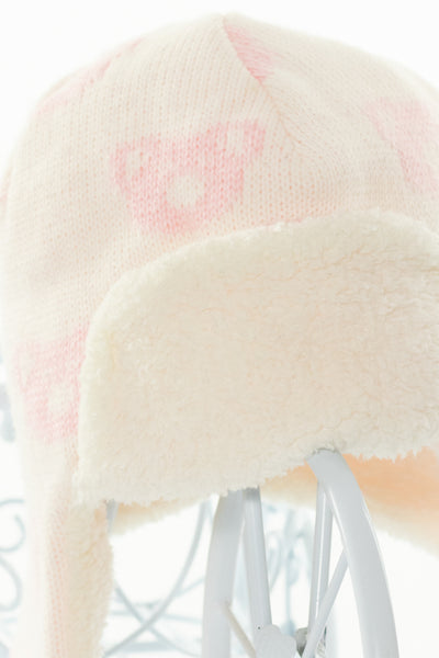 Топла шапка тип ушанка в нежно бледо розово и щампа на розови мечета, KAYRA/ 9-12м.