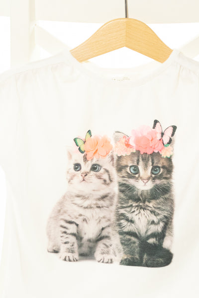 Кокетна бяла блуза с котенца и апликирани цветя, H&M/ 18-24м., 92см.