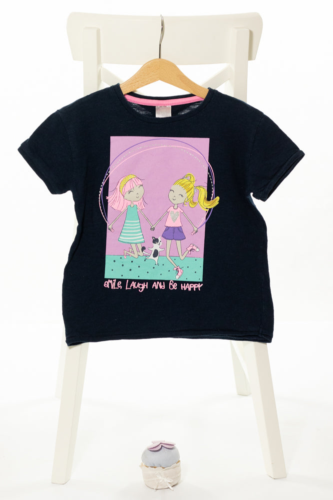 Тъмносиня тениска с кокетна щампа с весели момичета, LITTLE KIDS/ 6-7г., 122см.