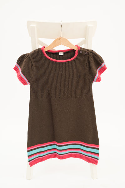 Плетена туника с къс ръкав в шоколадово кафяво на цветни кантове / 7-8г.